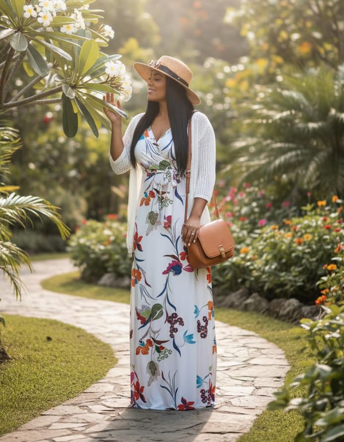 FANDEE Plus Size Maxi Dress for Women Casual Summer Sundress V-Neck 3/4 Sleeve(White,X-Large) - Image 4
