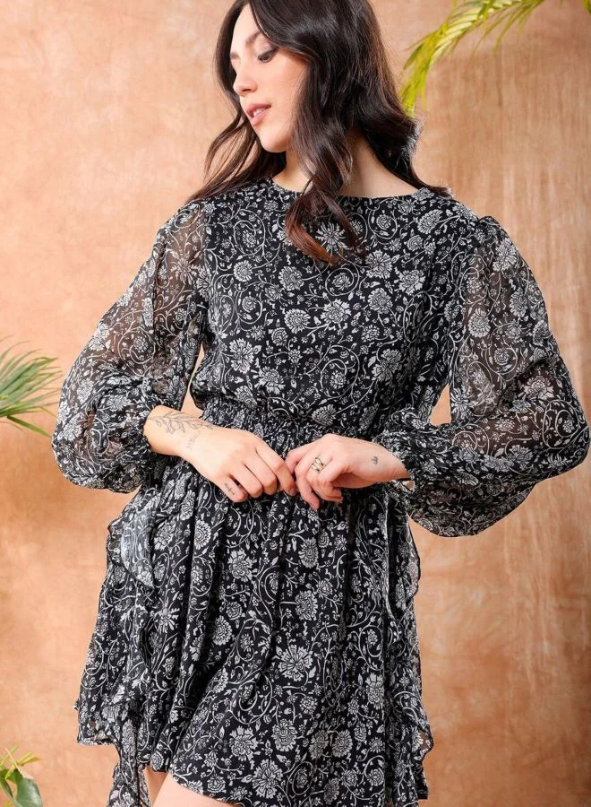 Freehand  Women Fit and Flared Floral Printed Round Neck Long Sleeve Mini Dress for Women | Best Price UAE