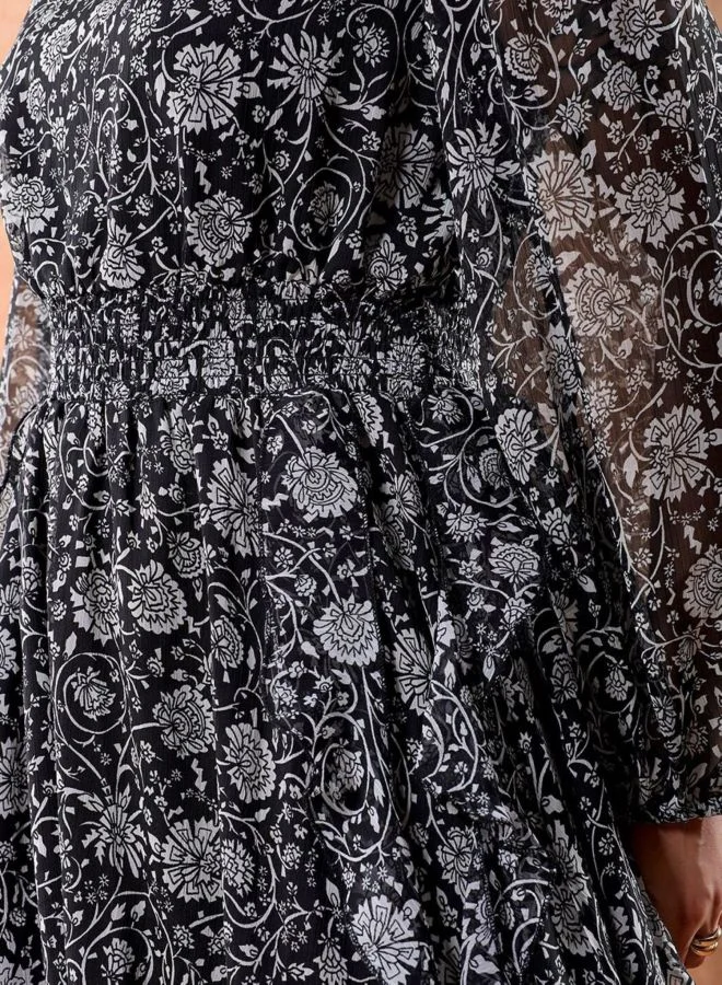 Freehand  Women Fit and Flared Floral Printed Round Neck Long Sleeve Mini Dress for Women | Best Price UAE