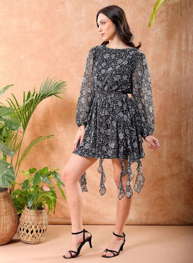 Freehand  Women Fit and Flared Floral Printed Round Neck Long Sleeve Mini Dress for Women | Best Price UAE
