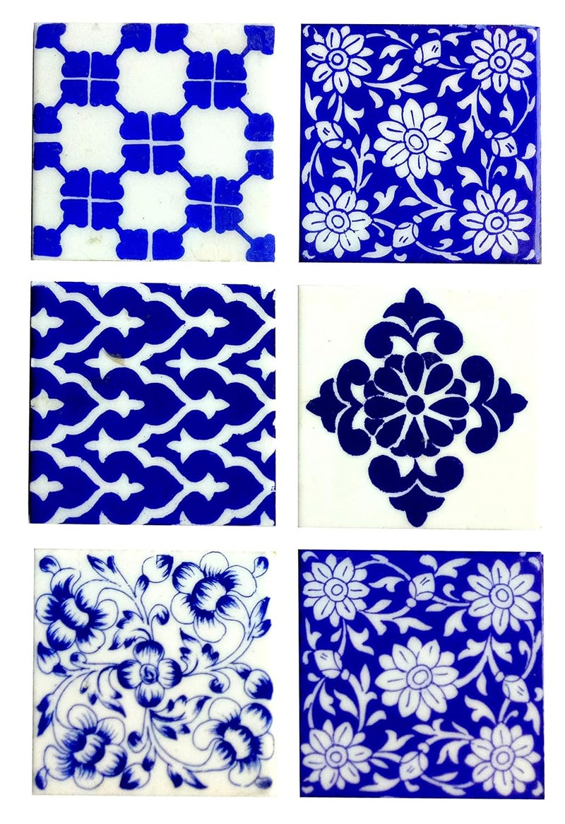 Shiv Kripa Blue Pottery Shiv Kripa Blue Pottery Home Decorative Tile Ceramic High Lighter Wall Tiles 4 x 4 Inch Set of 6 Tiles Blue White 