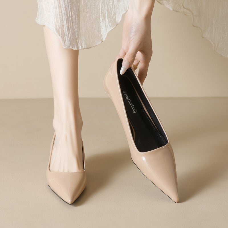 حذاء عالي الكعب مدبب Weiwei Girl 378-2 كعب ستيليتو بتصميم فرنسي للنساء، حذاء عمل سطحي بلون نود - Image 3