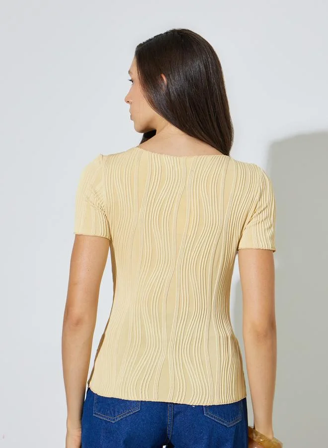 Styli  Yellow Textured Short Sleeve Knit Top for Women | Best Price UAE