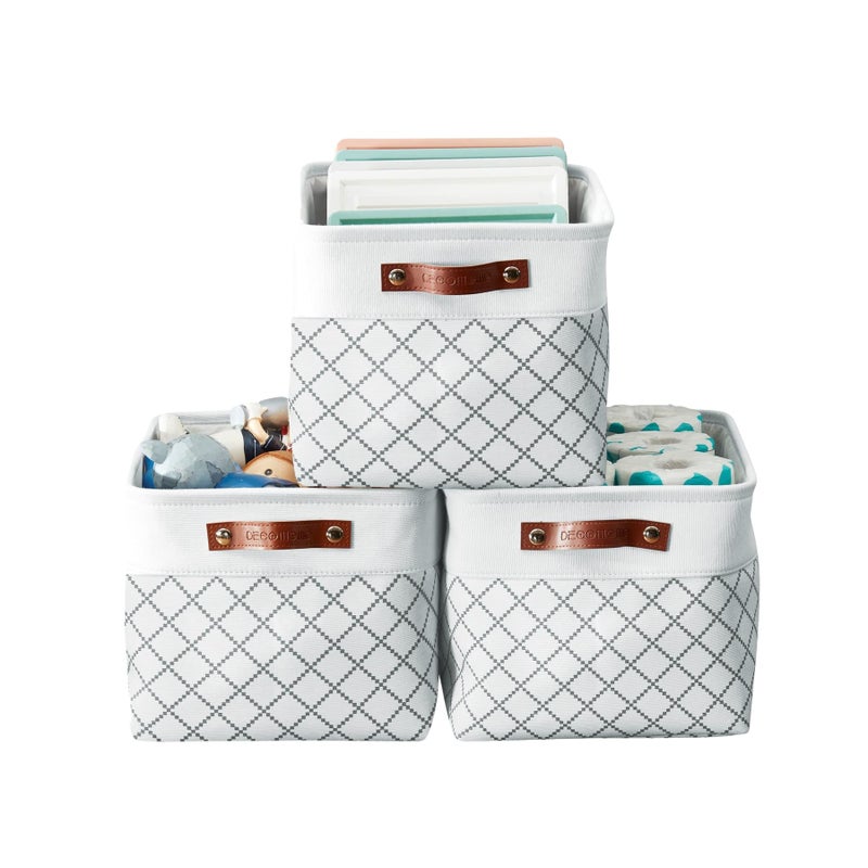 DECOMOMO White Storage Bins Fabric Storage Baskets for Shelves Linen Closet Organization Toys Nursery White Check Large  3 Pack