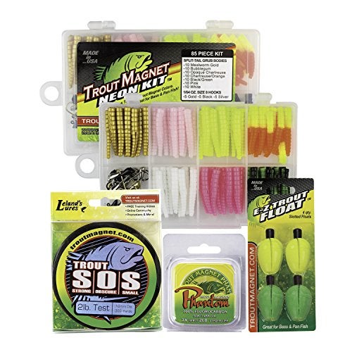 Trout Magnet Ultimate Bundle - 82 pc Trout Fishing Gear Kit - 350 Yard Trout S.O.S. Monofilament Fishing Line, Phantom Fluorocarbon Leader Line, 4 E-ZTrout Floats - Image 1