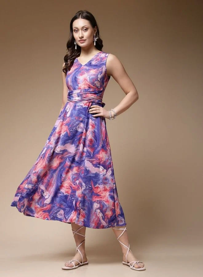 Women Flared Marble Printed V-Neck Sleeveless Midi Dress