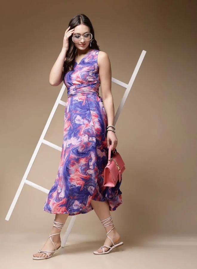 Freehand  Women Flared Marble Printed V-Neck Sleeveless Midi Dress for Women | Best Price UAE
