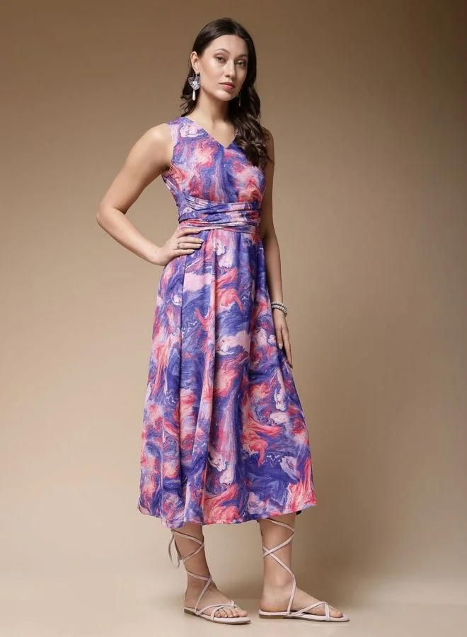 Freehand  Women Flared Marble Printed V-Neck Sleeveless Midi Dress for Women | Best Price UAE