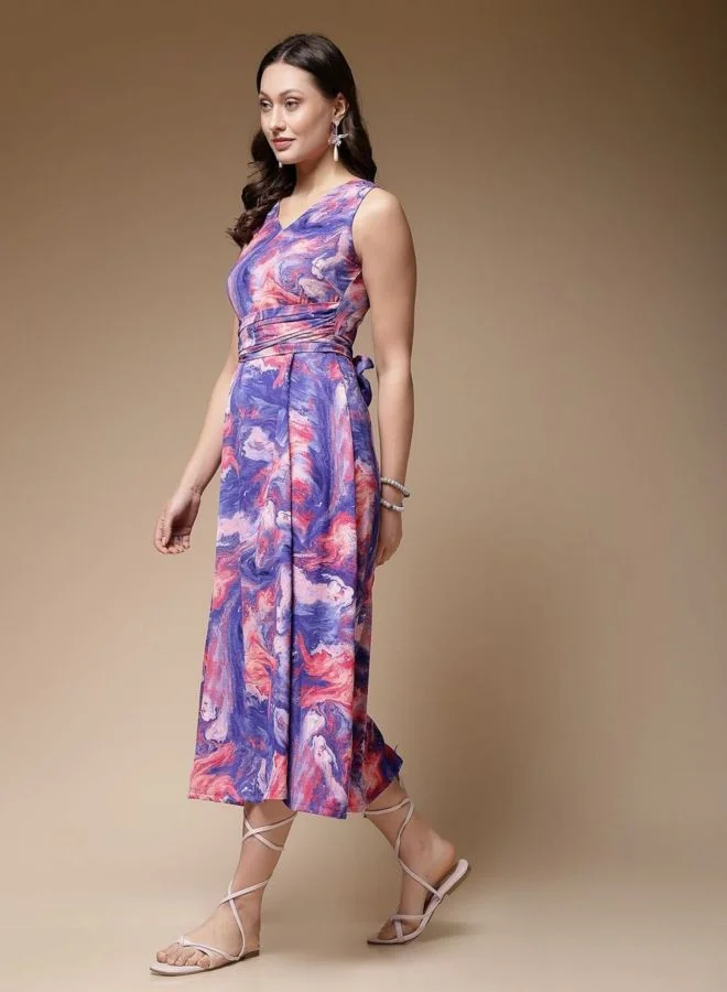 Freehand  Women Flared Marble Printed V-Neck Sleeveless Midi Dress for Women | Best Price UAE