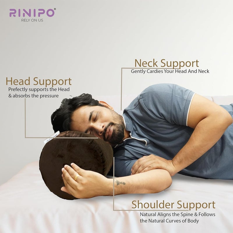 RINIPO Memory Foam Orthopedic Cylindrical Bolster Cushion for Neck Pain Relief and Rest I Removable Washable Velvet Cover 1 Brown 22 x 8 x 8 - Image 2