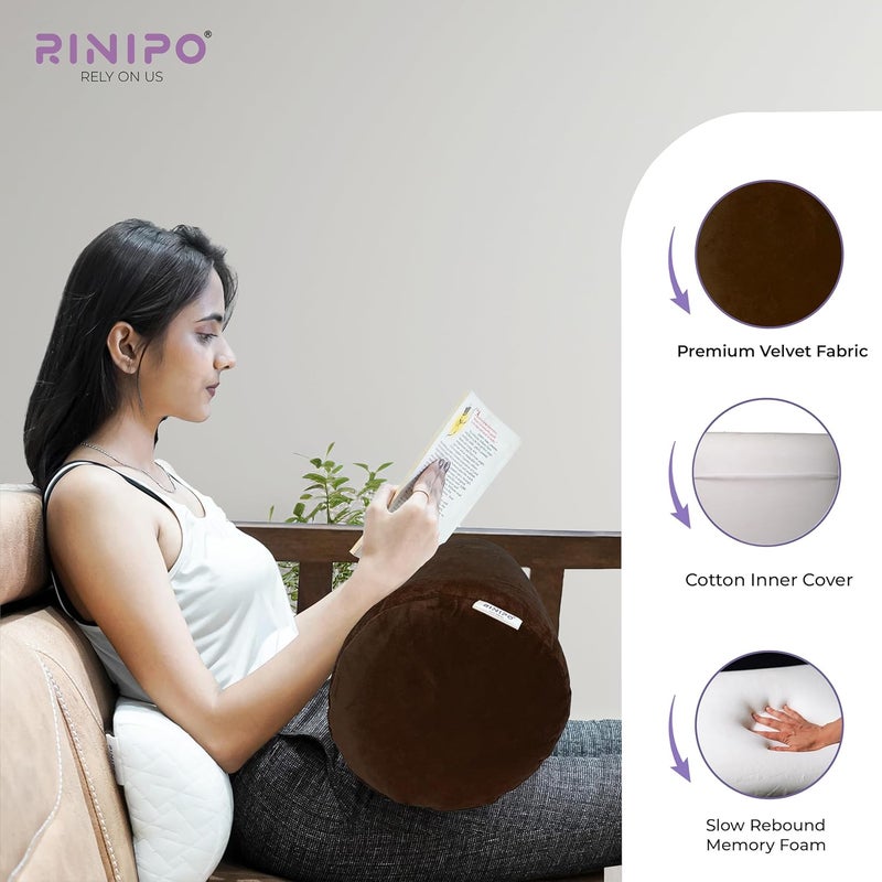RINIPO Memory Foam Orthopedic Cylindrical Bolster Cushion for Neck Pain Relief and Rest I Removable Washable Velvet Cover 1 Brown 22 x 8 x 8 - Image 3