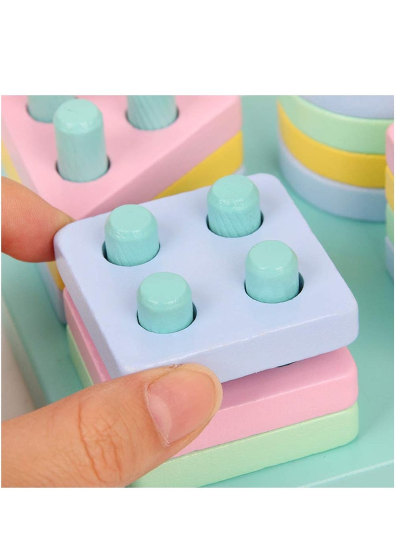 Wooden Shape Sorter Educational Toys Toddler Geometric Building Block Board Puzzle Color Recognition Stack Sort Toy Early Learning Preschool Toys for Baby Kids 1 2 3 Years Boy And Girl (Makaron)  - Image 4