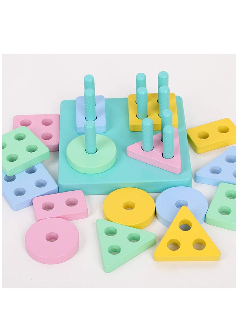 Wooden Shape Sorter Educational Toys Toddler Geometric Building Block Board Puzzle Color Recognition Stack Sort Toy Early Learning Preschool Toys for Baby Kids 1 2 3 Years Boy And Girl (Makaron)  - Image 2