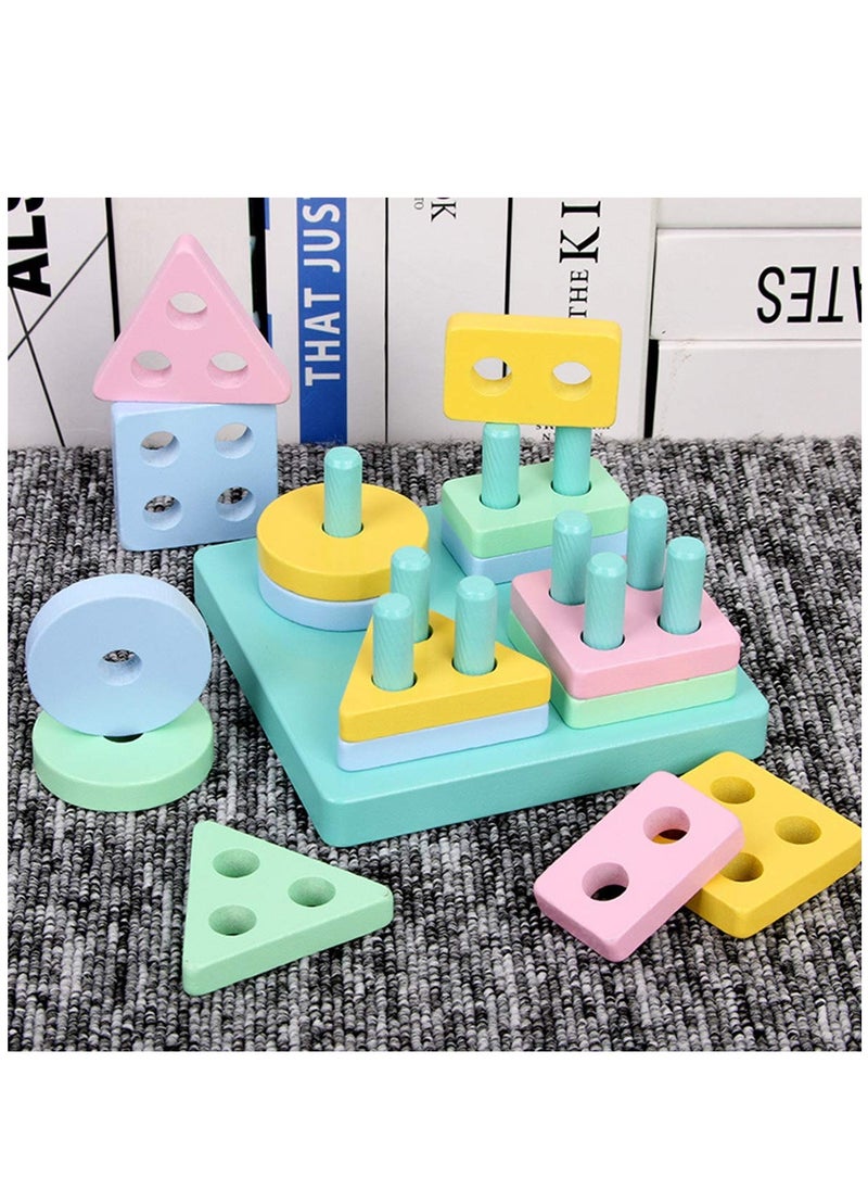 Wooden Shape Sorter Educational Toys Toddler Geometric Building Block Board Puzzle Color Recognition Stack Sort Toy Early Learning Preschool Toys for Baby Kids 1 2 3 Years Boy And Girl (Makaron)  - Image 3