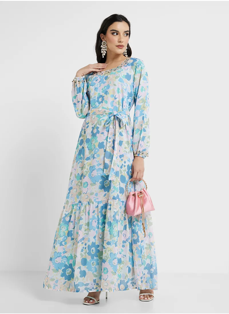 كشخة Georgette Tiered Floral Print Dress (AM411)