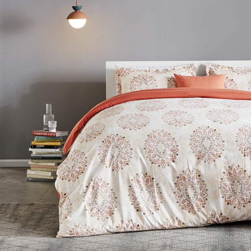 SLEEP ZONE SLEEP ZONE Bedding Duvet Cover Sets Printed Damask Pattern 120gsm Ultra Soft Zipper Closure Corner TiesDamask BeigeKing 104 X 90 inch  2 Pillow Shams 