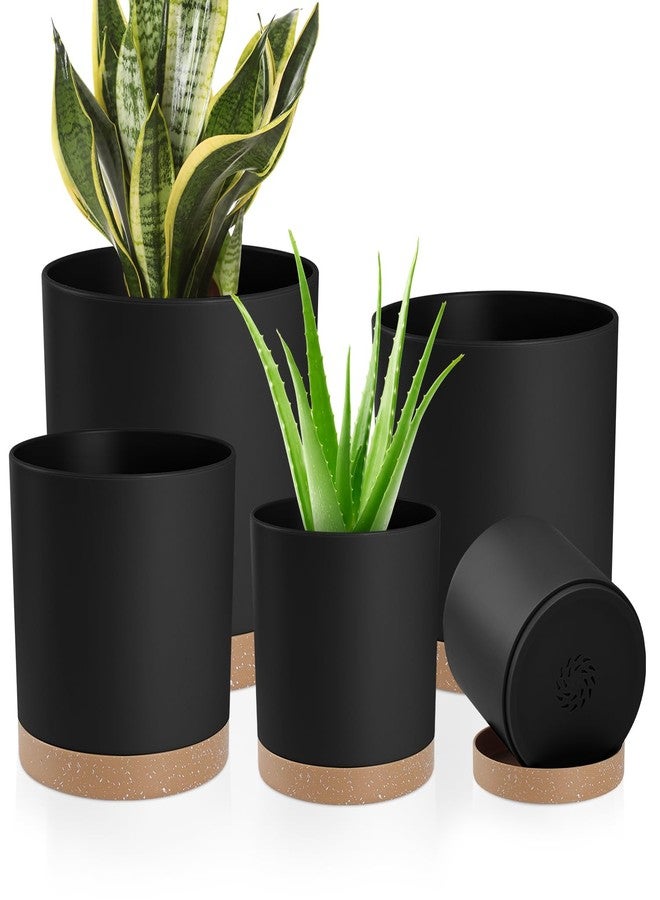 YNNICO Indoor Outdoor Plant Pots Set of 5 with Drainage Holes and Saucers,7, 6.5, 6, 5, 4 Inch, Black. - Image 1