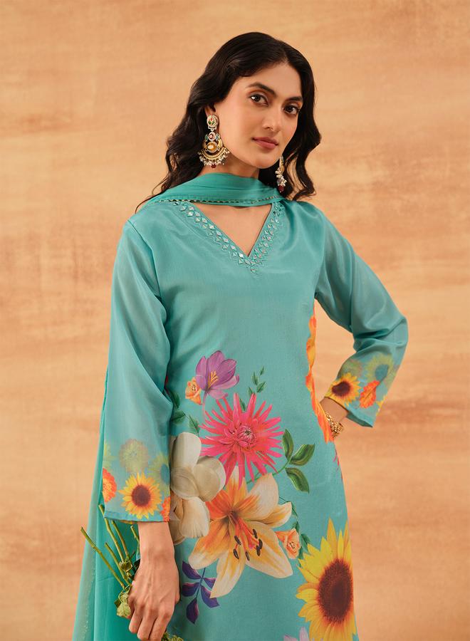 ISHIN Women's Sky Blue Chinon Printed Tunic Top With Ankle Palazzo Straight 3 Peice Kurta Set - Image 5