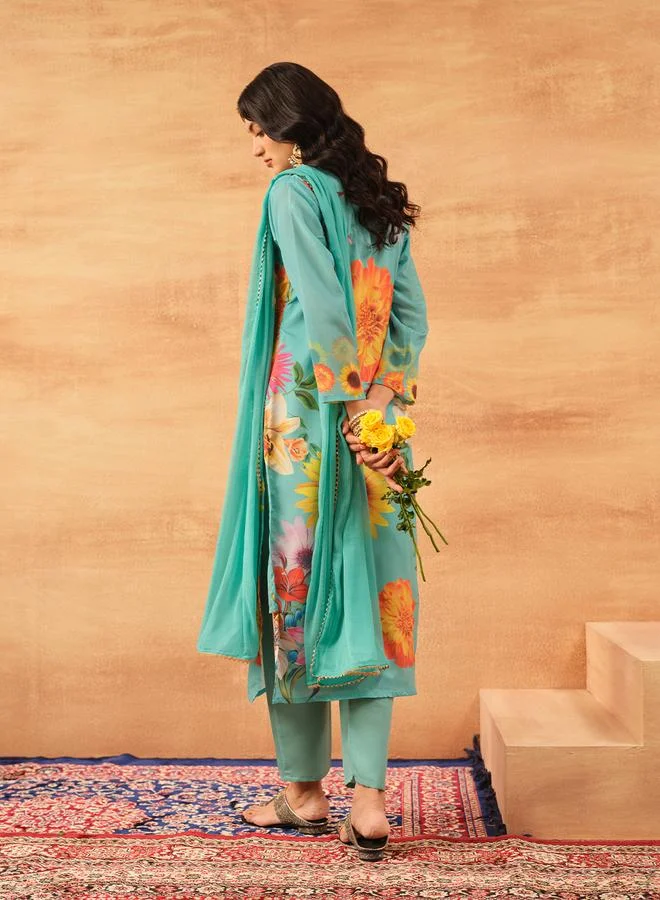 ISHIN Women's Sky Blue Chinon Printed Tunic Top With Ankle Palazzo Straight 3 Peice Kurta Set