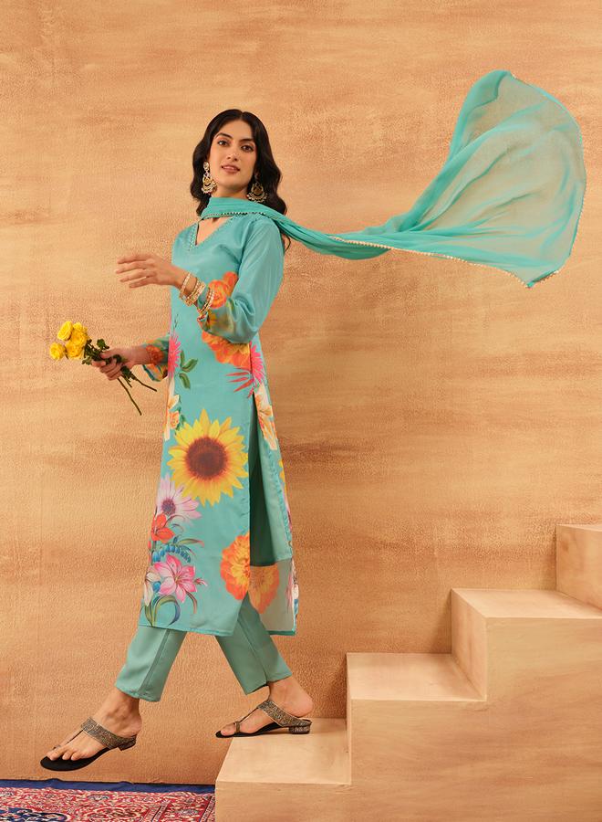 ISHIN Women's Sky Blue Chinon Printed Tunic Top With Ankle Palazzo Straight 3 Peice Kurta Set - Image 3