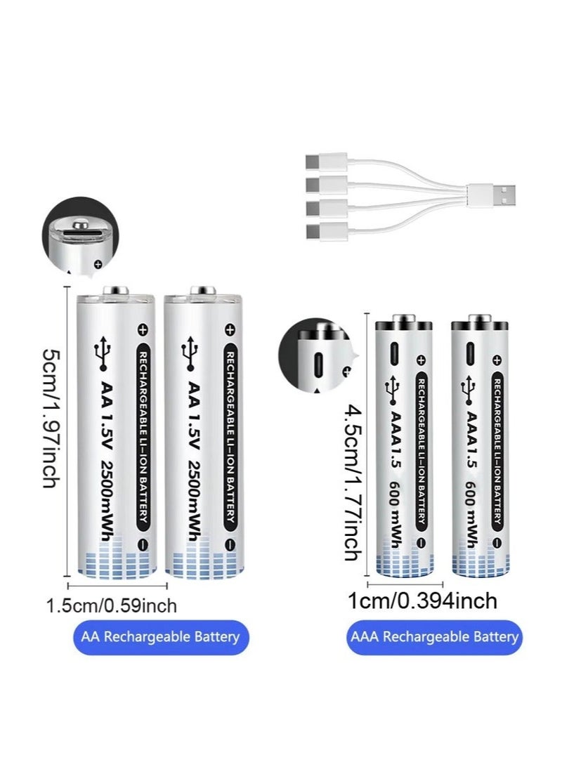 2-Pack  AA +2-Pack  AAA  USB Lithium ion Rechargeable Battery, High Capacity 1.5V 600mWh+2500mW Rechargeable AA Battery, Cycle With 4-piece Type C Port Cable, Constant Output - Image 1