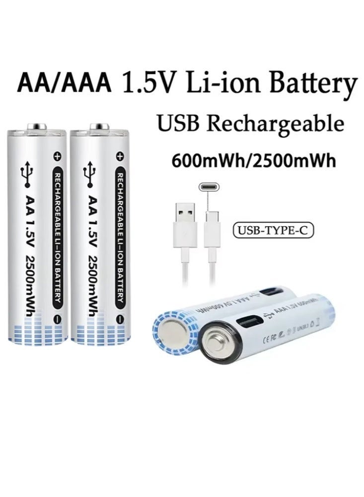 2-Pack  AA +2-Pack  AAA  USB Lithium ion Rechargeable Battery, High Capacity 1.5V 600mWh+2500mW Rechargeable AA Battery, Cycle With 4-piece Type C Port Cable, Constant Output - Image 2