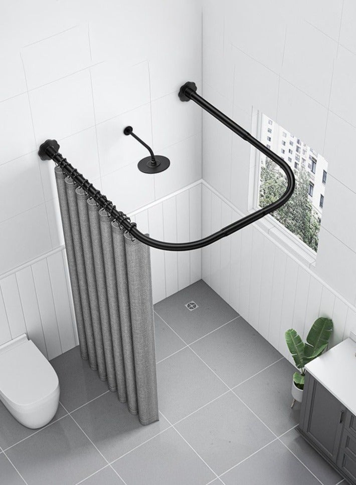 والالا قطعتان من قضبان ستارة الحمام الزاوية القابلة للتمديد من الفولاذ المقاوم للصدأ، قضيب ستارة معدني مربع الشكل على شكل حرف U منحني بزاوية 90 درجة، قضيب حوض استحمام منحني مع ستارة مقاومة للماء، خطاف - Image 1