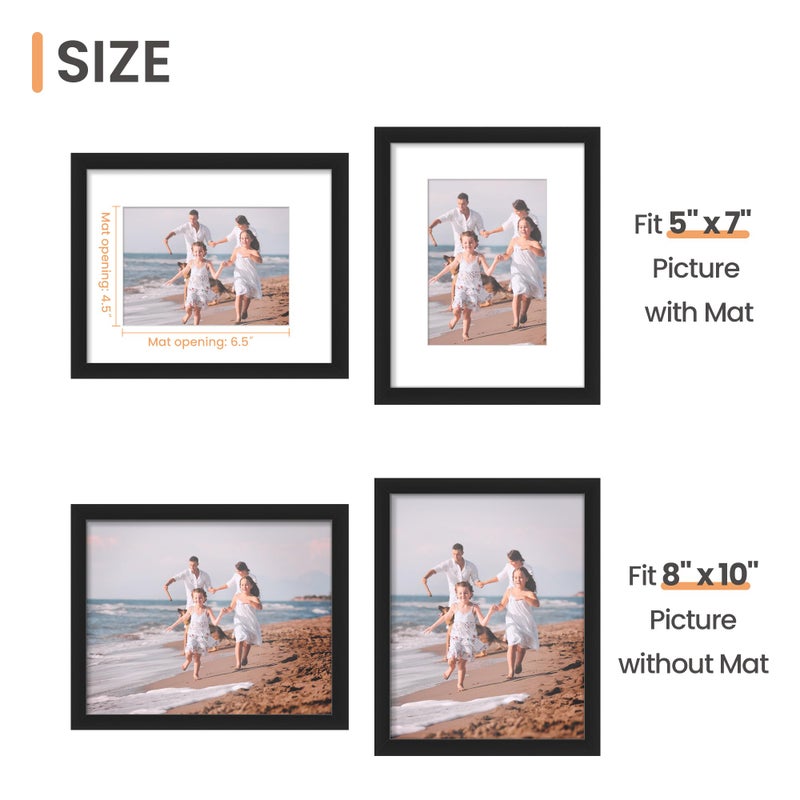 upsimples 8x10 Picture Frame, Display Pictures 5x7 with Mat or 8x10 Without Mat, Wall Hanging Photo Frame, Black, 1 Pack - Image 3