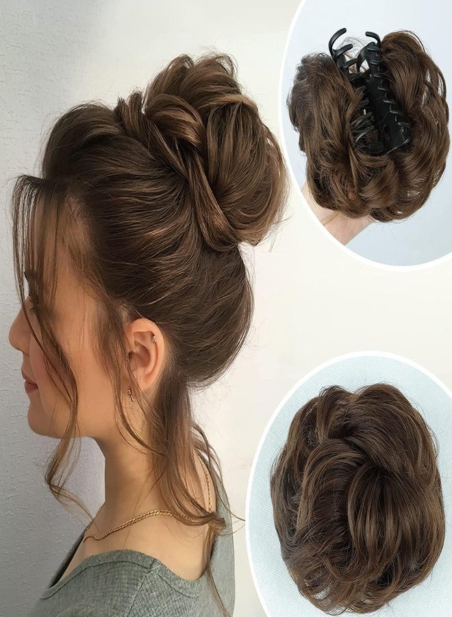 Aternal Claw Clip Messy Bun Hair Piece - Synthetic Human Brown Hair Buns Wavy Curly Chignon Extensions for Tousled Updo - Ponytail Hairpieces Scrunchie With Clip for Women, BROWN - Image 1