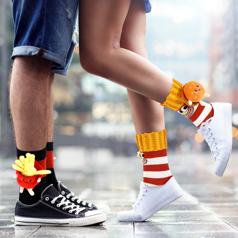 Glitopper 2 Pairs 3D Socks Gift Funny 3D Crew Socks Novelty Fast Food Burger Hot Dog Pizza Toast Football for Couple(Burger Fries) - Image 2