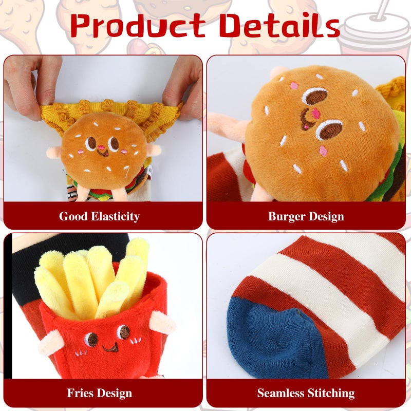 Glitopper 2 Pairs 3D Socks Gift Funny 3D Crew Socks Novelty Fast Food Burger Hot Dog Pizza Toast Football for Couple(Burger Fries) - Image 4