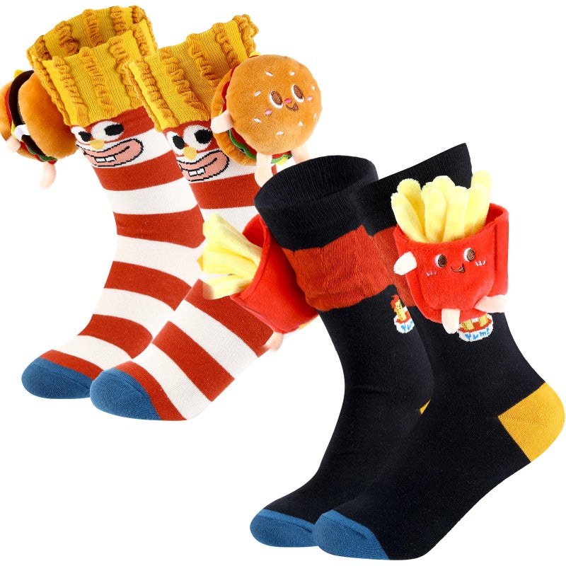 Glitopper 2 Pairs 3D Socks Gift Funny 3D Crew Socks Novelty Fast Food Burger Hot Dog Pizza Toast Football for Couple(Burger Fries) - Image 1