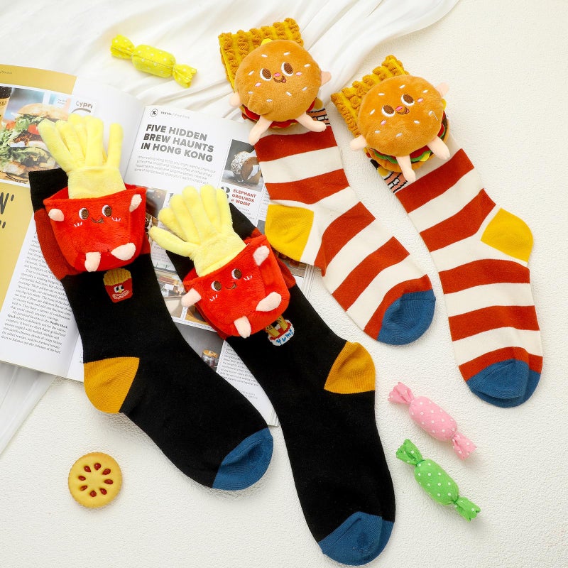 Glitopper 2 Pairs 3D Socks Gift Funny 3D Crew Socks Novelty Fast Food Burger Hot Dog Pizza Toast Football for Couple(Burger Fries) - Image 3