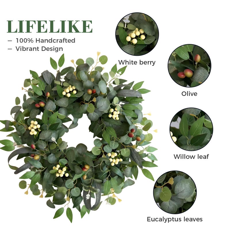 Ecerangus 22-24" Eucalyptus Wreaths for Front Door,Spring Summer Fall Autumn Winter Wreaths,Large Eucalyptus Greenery Wreath with Olive Leaves Berries for Front Door Outdoor Farmhouse Decor All Seasons - Image 3