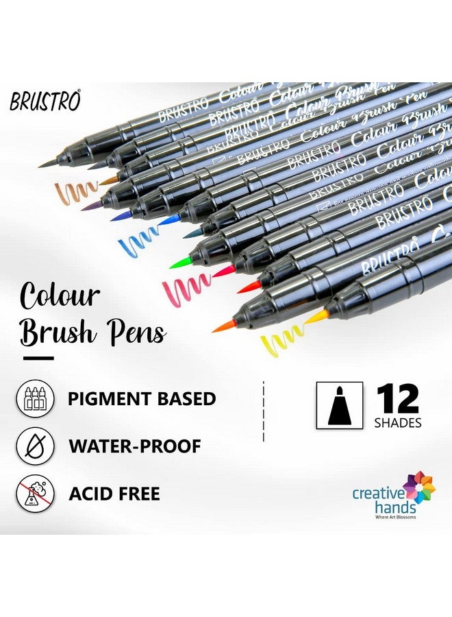 بروسترو مجموعة أقلام فرشاة ملونة مكونة من 12 قلمًا (قلم فرشاة ذو رأس صلب يعتمد على الصبغة) برأس مرن لتقنيات الحروف والرسم. - Image 2