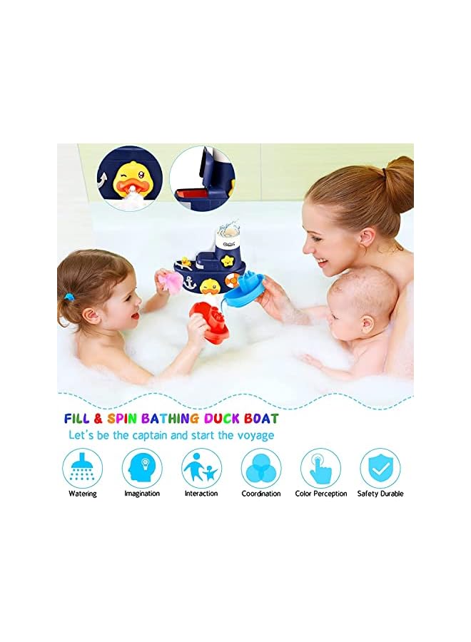 Bath Toys, Fill and Spin Boat with Suction Cups, Shower Gel Box, Floating Duck, 2 Stacking Boats, Bathtub Tub Wall Toys for Boy Girl Kids Gifts, Shower Toy Bathroom Floating Water Squirting Toys - Image 2