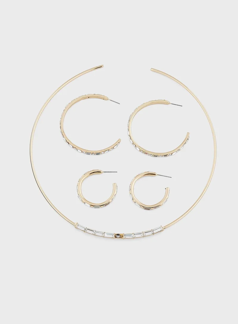 ايلا 2 Pack Stone Hoop Earrings & Choker Necklace Set
