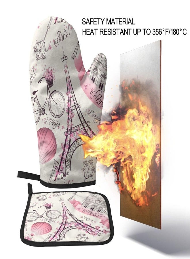 Abucaky Paris Theme Oven Mitts and Pot Holders Eiffel Tower Romantic Travel Insulated Gloves & Kitchen Counter Safe Mats for Cooking BBQ Baking Grilling (2-Piece Set) - Image 4