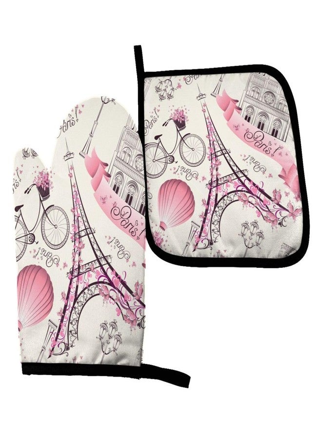 Abucaky Paris Theme Oven Mitts and Pot Holders Eiffel Tower Romantic Travel Insulated Gloves & Kitchen Counter Safe Mats for Cooking BBQ Baking Grilling (2-Piece Set) - Image 1