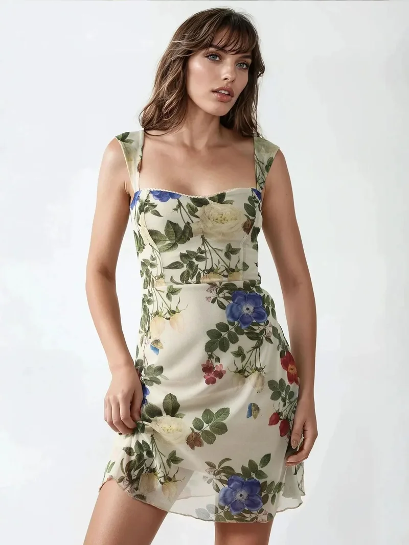 HICCUP Natural Polka Dot Sleeveless Mini Tulle Dress with Square Neckline for Women | Best Price UAE