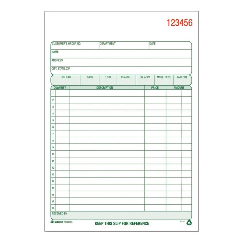 Adams Recycled All Purpose Sales Order Book, 2-Part Carbonless, White/Canary, 5-9/16 x 8-7/16 Inches, 50 Sets (RDC5805) - Image 1