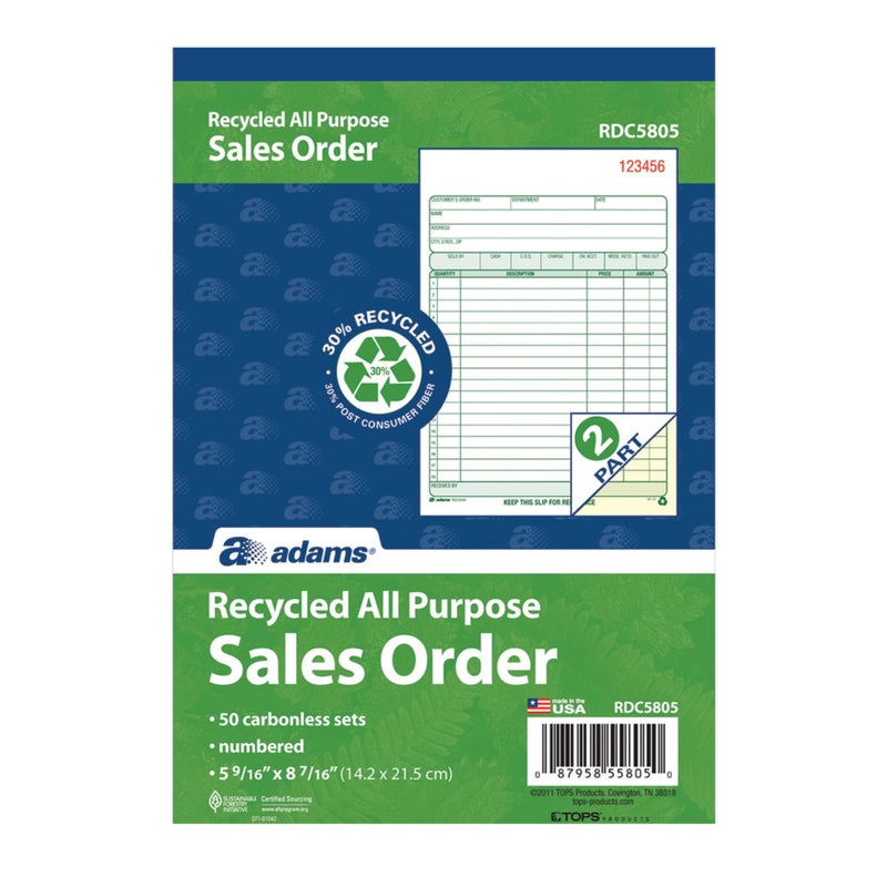 Adams Recycled All Purpose Sales Order Book, 2-Part Carbonless, White/Canary, 5-9/16 x 8-7/16 Inches, 50 Sets (RDC5805) - Image 2