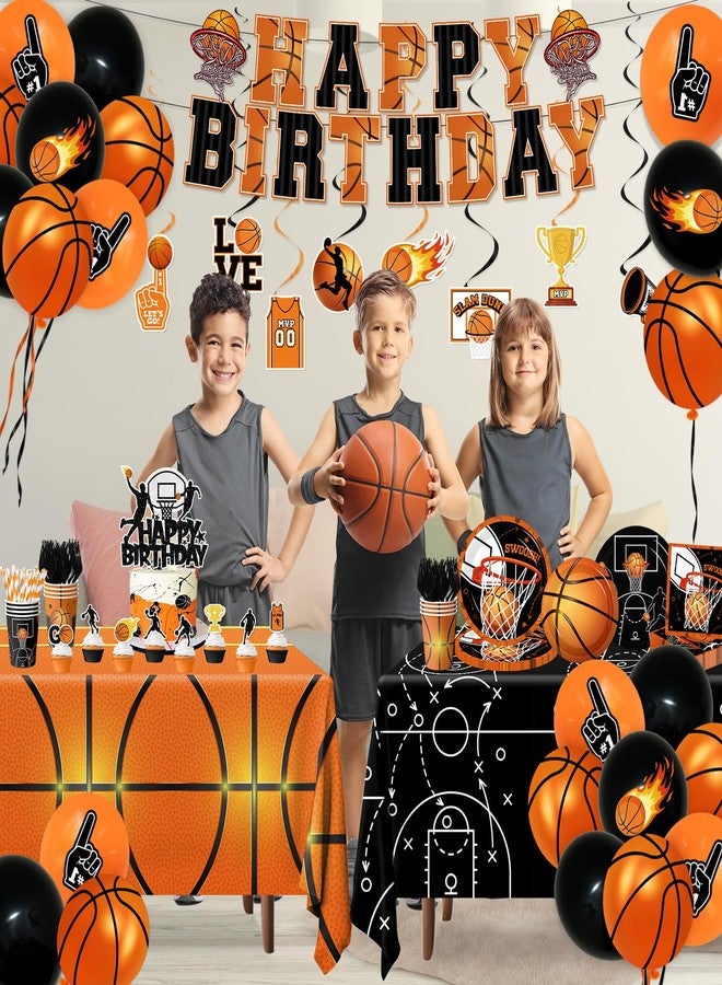 Peghoqu Basketball Party Decorations Basketball Birthday Theme Decoration Disposable Paper Plates,Napkins,Tablecloth,Cups,Balloon,Banner,Hanging Swirls,Cake Topper for Basketball Party Decor Supplies,Serve 24 - Image 2