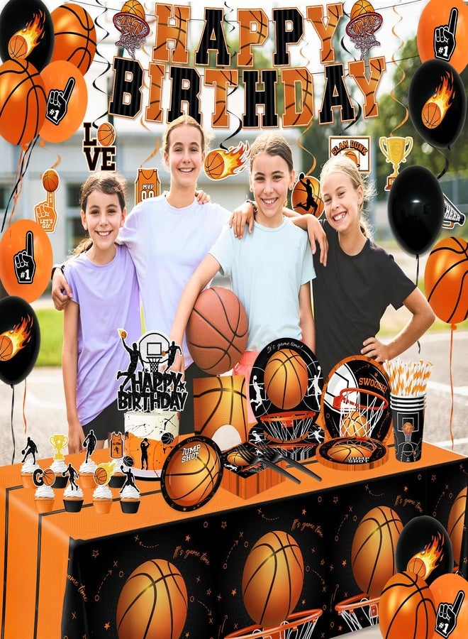 Peghoqu Basketball Party Decorations Basketball Birthday Theme Decoration Disposable Paper Plates,Napkins,Tablecloth,Cups,Balloon,Banner,Hanging Swirls,Cake Topper for Basketball Party Decor Supplies,Serve 24 - Image 5