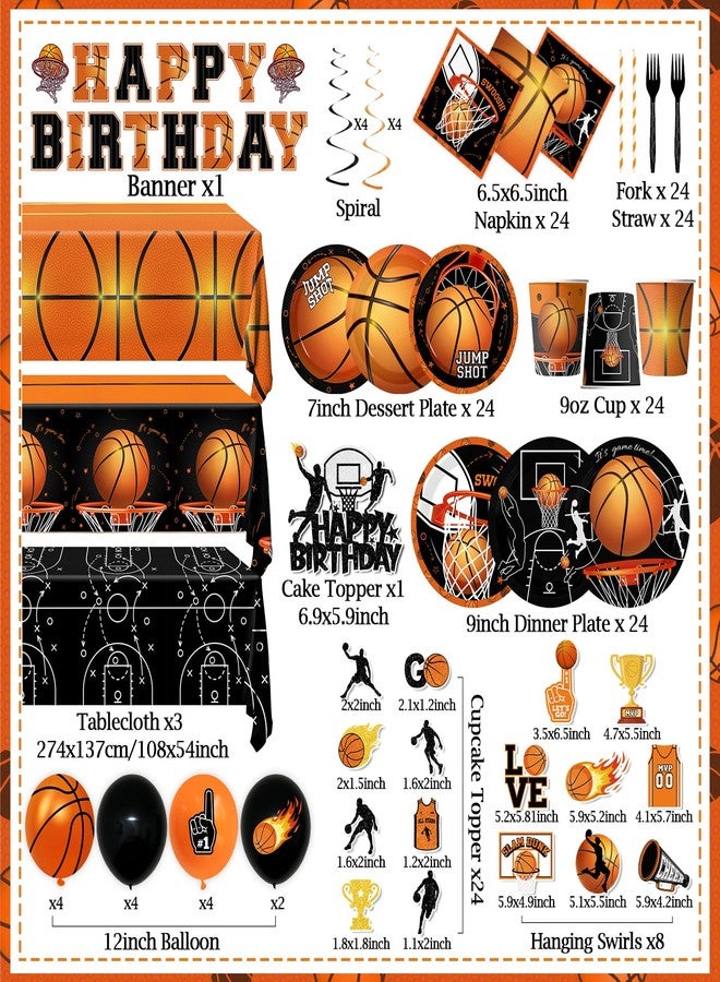 Peghoqu Basketball Party Decorations Basketball Birthday Theme Decoration Disposable Paper Plates,Napkins,Tablecloth,Cups,Balloon,Banner,Hanging Swirls,Cake Topper for Basketball Party Decor Supplies,Serve 24 - Image 3