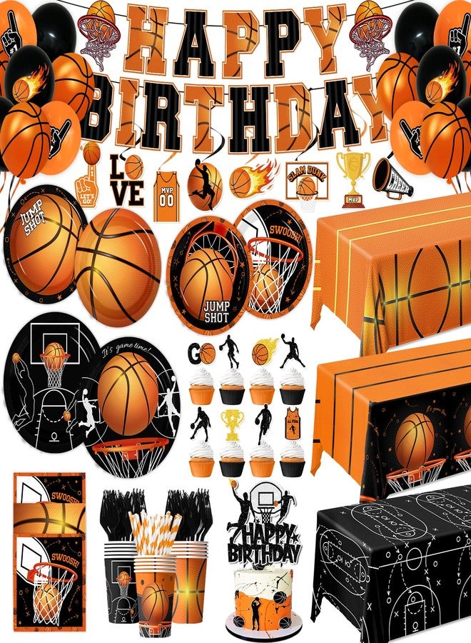 Peghoqu Basketball Party Decorations Basketball Birthday Theme Decoration Disposable Paper Plates,Napkins,Tablecloth,Cups,Balloon,Banner,Hanging Swirls,Cake Topper for Basketball Party Decor Supplies,Serve 24 - Image 1