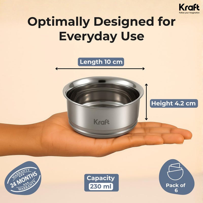 Kraft Premium Stainless Steel Bowl Set of 6-250 ml | Nesting Serving & Storage Bowls for Snacks | Mirror Finish Heavy Gauge Vati | Food Grade katori for Ice Cream, Dessert | BPA Free, Rust-Proof - Image 3
