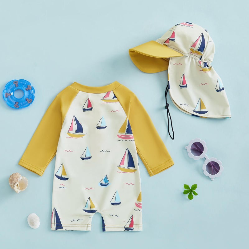 ZyHwShine Toddler Infant Baby Boy 4th of July Swimsuit Newborn Rash Guard Boys Girls One Piece Zipper Bathing Suit Swimwear(g-Sailboat Print-Blue, 12-18 Months) - Image 2