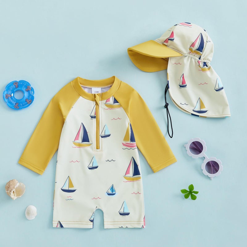 ZyHwShine Toddler Infant Baby Boy 4th of July Swimsuit Newborn Rash Guard Boys Girls One Piece Zipper Bathing Suit Swimwear(g-Sailboat Print-Blue, 12-18 Months) - Image 3