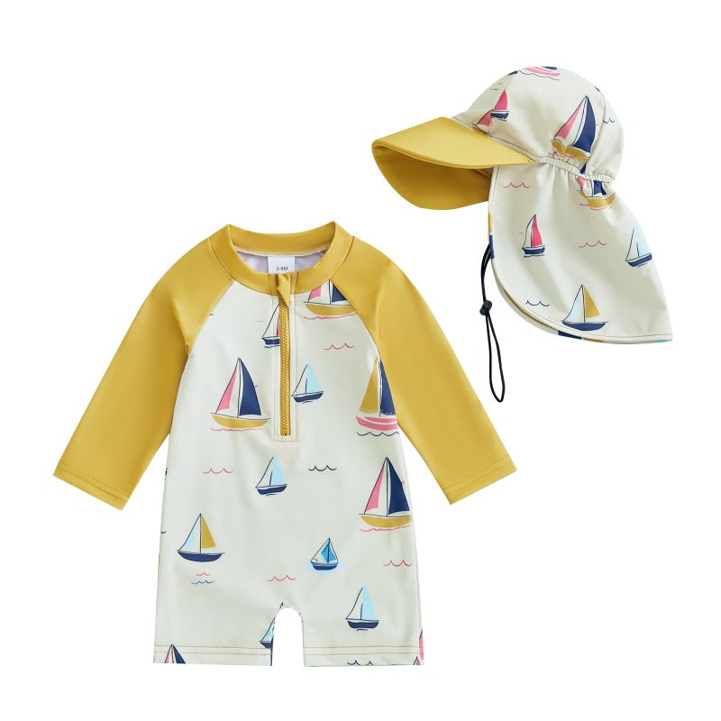 ZyHwShine Toddler Infant Baby Boy 4th of July Swimsuit Newborn Rash Guard Boys Girls One Piece Zipper Bathing Suit Swimwear(g-Sailboat Print-Blue, 12-18 Months) - Image 1